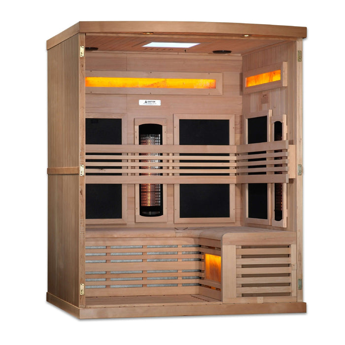 Golden Designs 3-Person Full Spectrum Infrared Sauna with Near Zero EMF and Himalayan Salt Bar in Canadian Hemlock