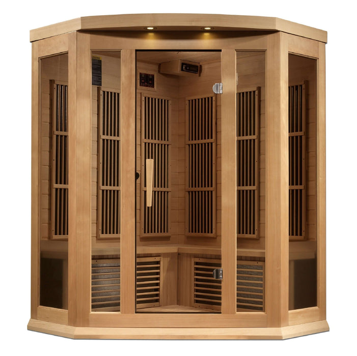 Golden Designs Maxxus Corner 3-Person Infrared Sauna with Near Zero EMF in Canadian Hemlock