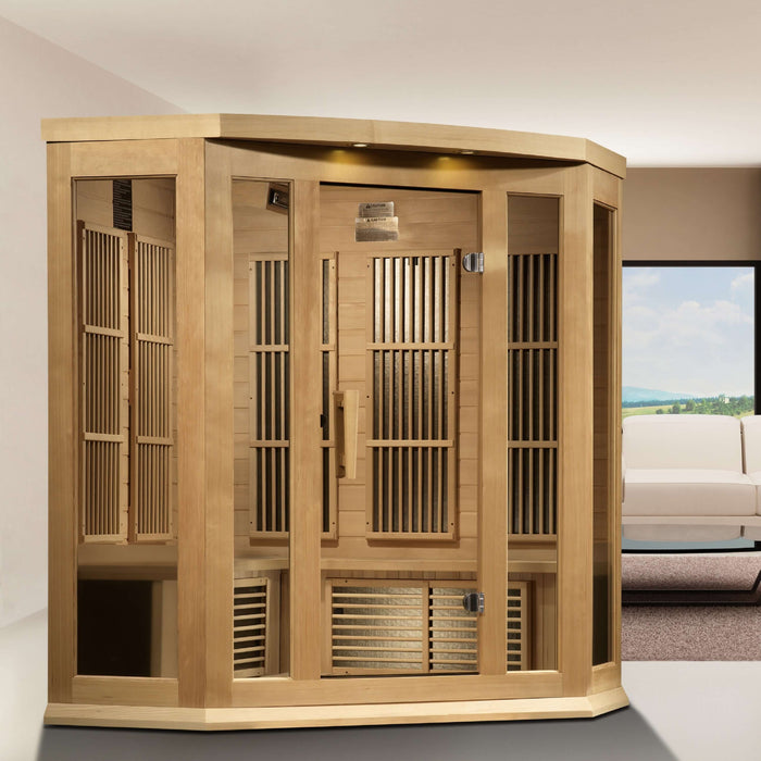 Golden Designs Maxxus Corner 3-Person Infrared Sauna with Near Zero EMF in Canadian Hemlock