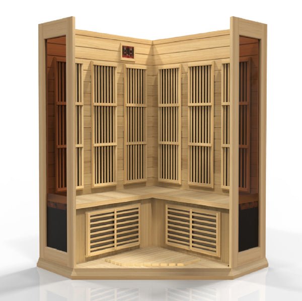 Golden Designs Maxxus Corner 3-Person FAR Infrared Sauna with Low EMF in Canadian Hemlock