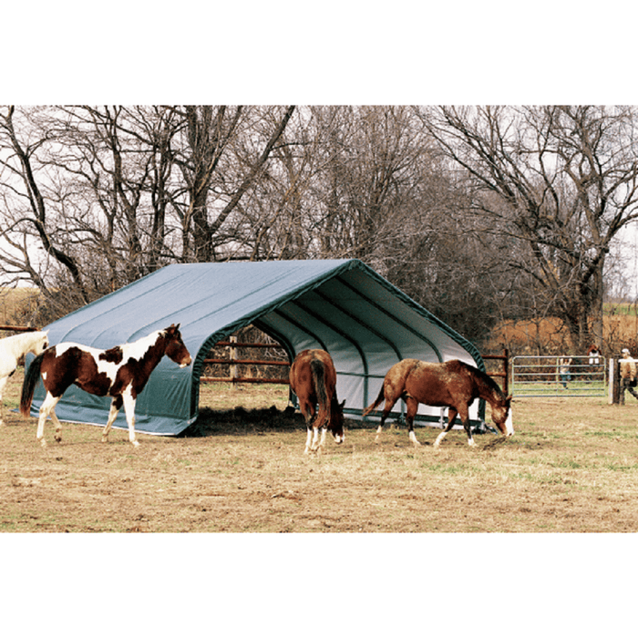 ShelterLogic 22x20x10 Peak Style Run-In/Hay-Storage Shelter with Green Cover - Full View