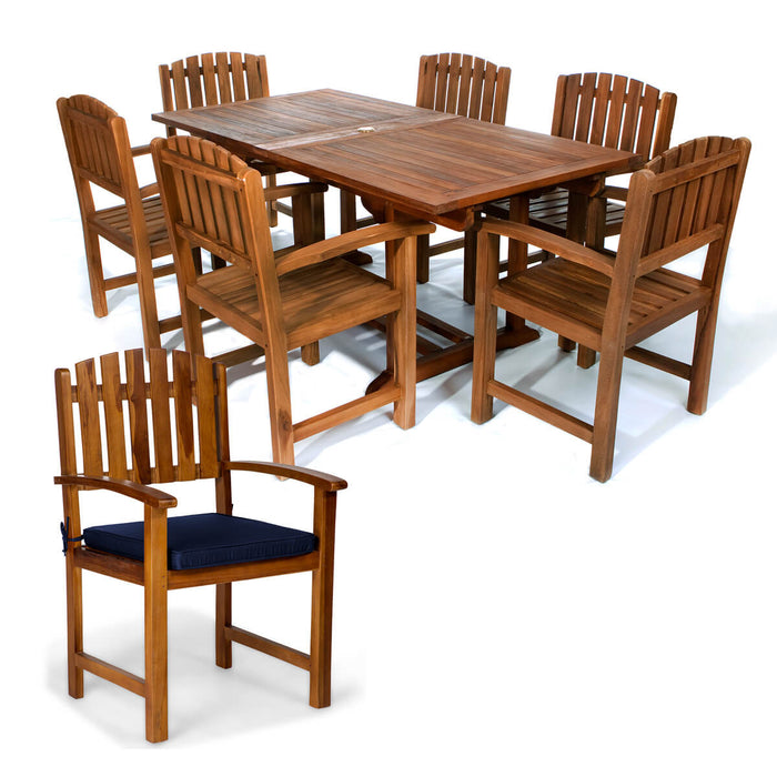 7-Piece Twin Butterfly Leaf Teak Extension Table Dining Chair Set - Full View Blue