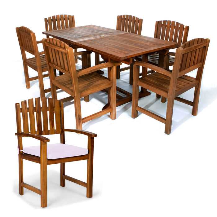 7-Piece Twin Butterfly Leaf Teak Extension Table Dining Chair Set - Full View Royal White