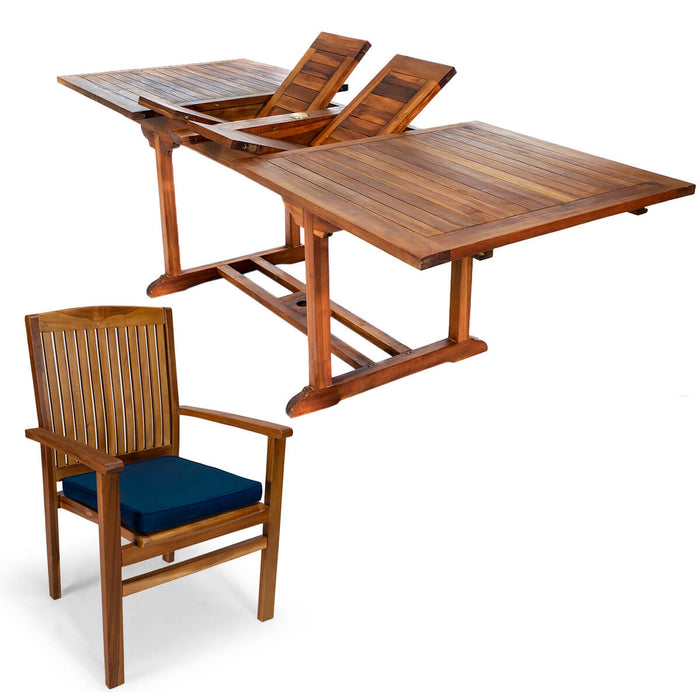 7-Piece Twin Butterfly Leaf Teak Extension Table Stacking Chair Set - Full View Blue