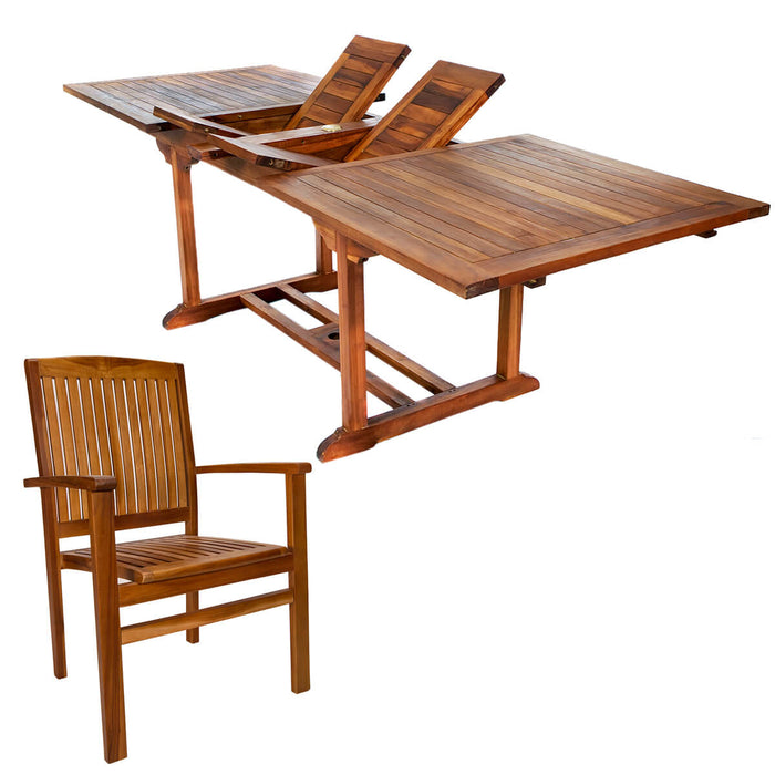 7-Piece Twin Butterfly Leaf Teak Extension Table Stacking Chair Set - Full View