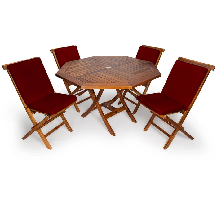 5-Piece 4-ft Teak Octagon Folding Table and Folding Chair Set - Full View Red