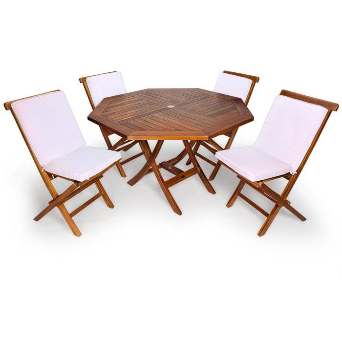 5-Piece 4-ft Teak Octagon Folding Table and Folding Chair Set - Full View Royal White