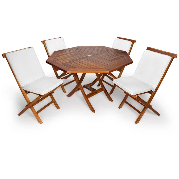 5-Piece 4-ft Teak Octagon Folding Table and Folding Chair Set - Full View White