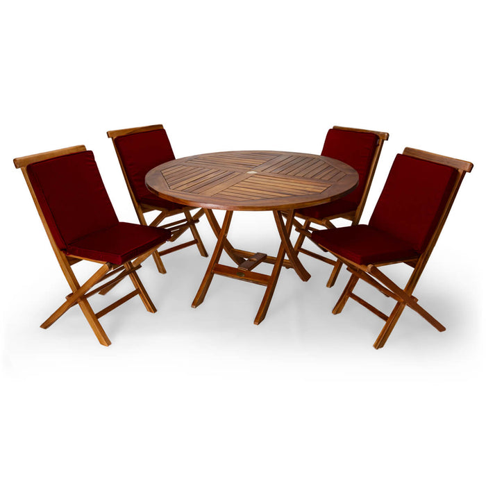 5-Piece 4-ft Teak Round Folding Table Set Folding Chair Set - Full View Red