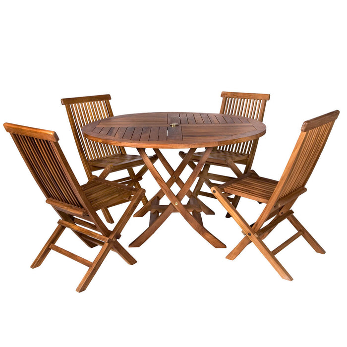 5-Piece 4-ft Teak Round Folding Table Set Folding Chair Set - Full View
