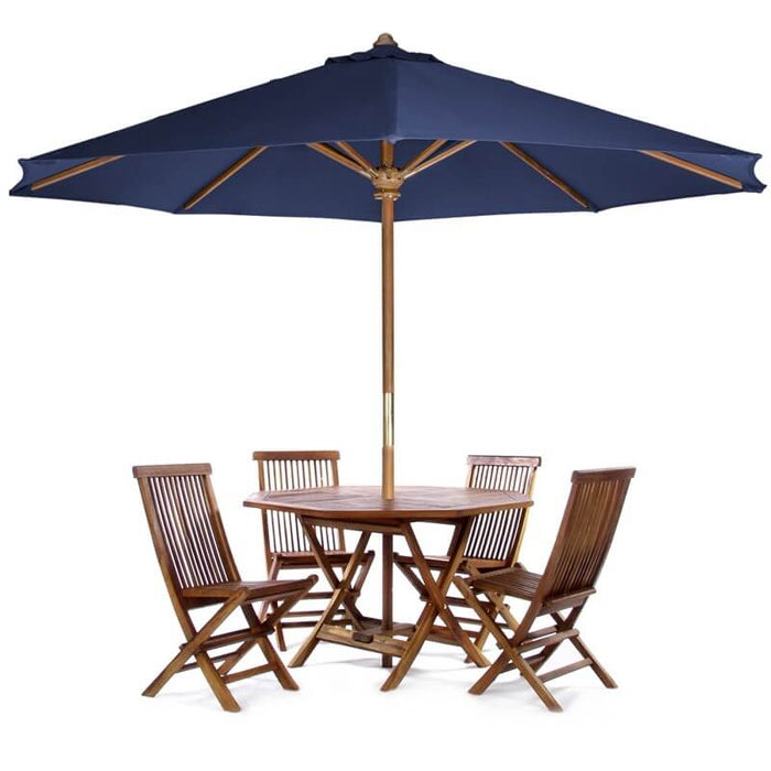 6pc 4-ft teak octagon folding table & chairs with blue umbrella