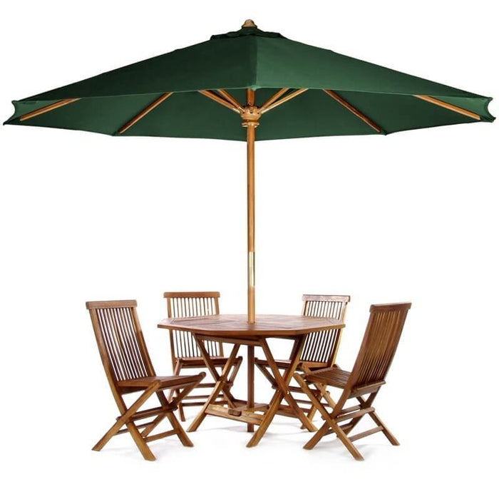 6pc 4-ft teak octagon folding table & chairs with green umbrella