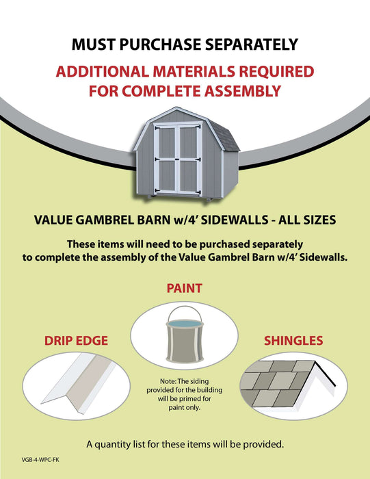 Value Gambrel Barn 4' Sidewall Kit - Materials Required