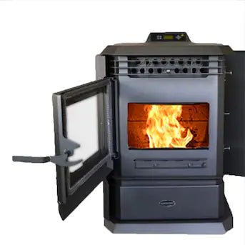 comfortbilt hp61 3000 sq. ft. charcoal pellet stove open lid