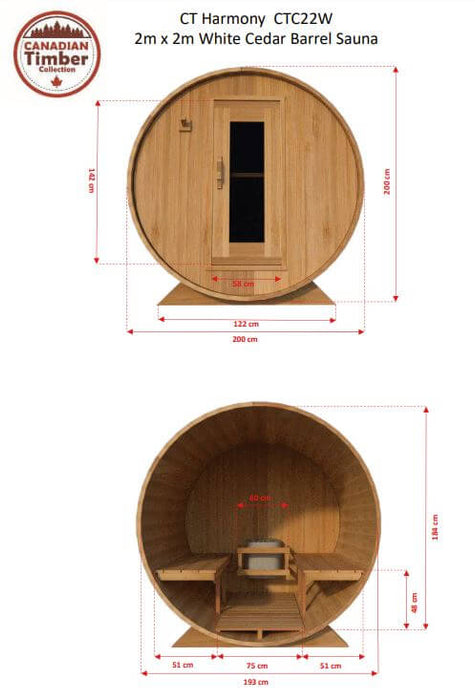 Dundalk-Canadian Timber Harmony Outdoor Barrel Sauna - Dimensions