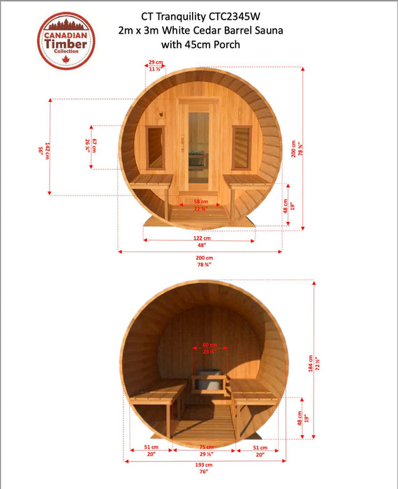 Dundalk - Canadian Timber Tranquility Outdoor Barrel Sauna CTC2345 - Dimensions