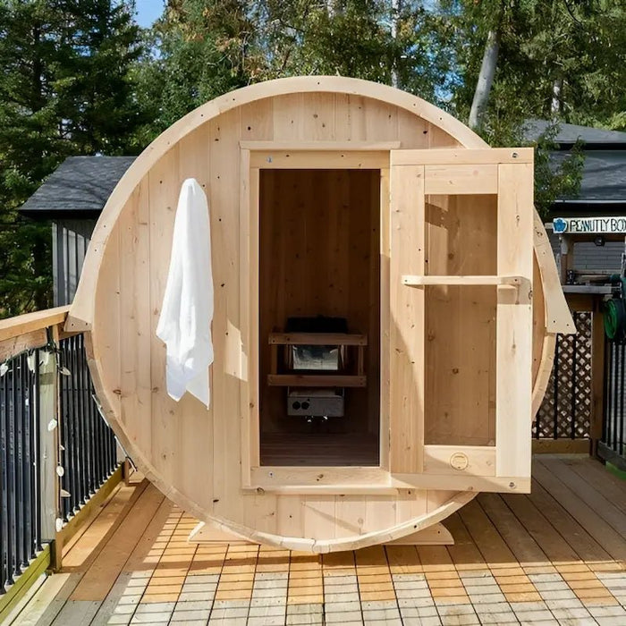 Dundalk - Canadian Timber Harmony Outdoor Barrel Sauna CTC22W - In a Porch with the Door Open