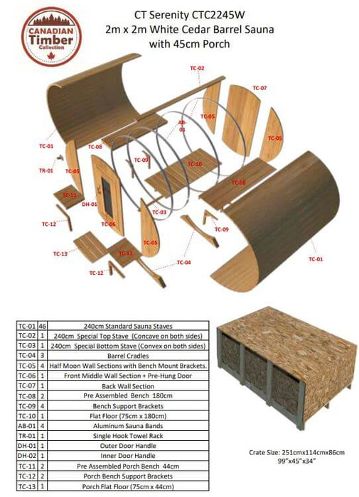 Dundalk - Canadian Timber Serenity Outdoor Barrel Sauna - Parts List