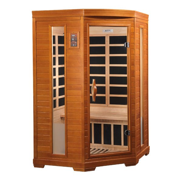 Golden Designs - Dynamic Corner Heming Elite 2-person Infrared Sauna with Ultra Low EMF in Canadian Hemlock - Full View