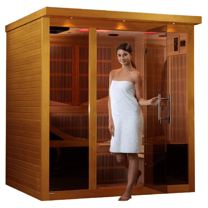 Golden Designs - Dynamic Monaco 6-Person FAR Infrared Sauna with Ultra Low EMF in Canadian Hemlock - with Female Model