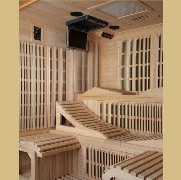 Golden Designs Dynamic Monaco 6-Person FAR Infrared Sauna with Ultra Low EMF in Canadian Hemlock - Inside View of Control Pad and Radio