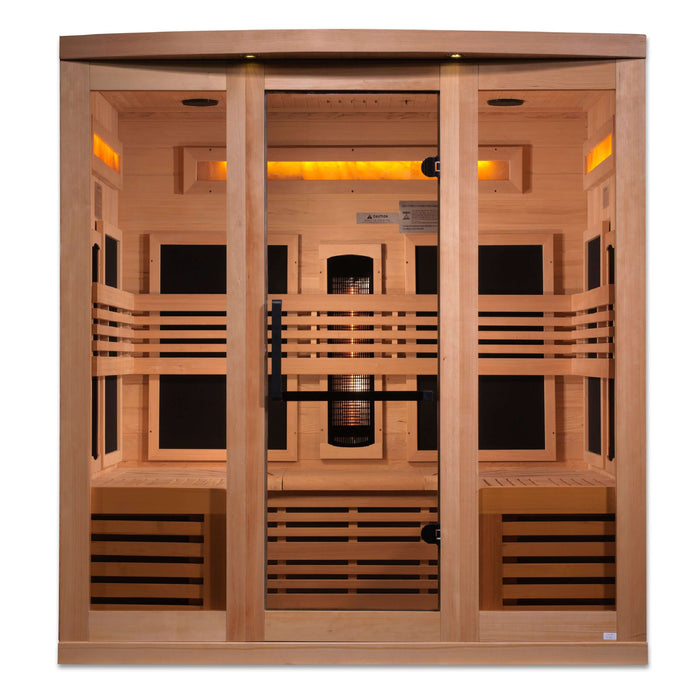 Golden Designs - Reserve 6-person Full Spectrum Infrared Sauna with Near Zero EMF with Himalayan Salt Bar in Canadian Hemlock - Front View