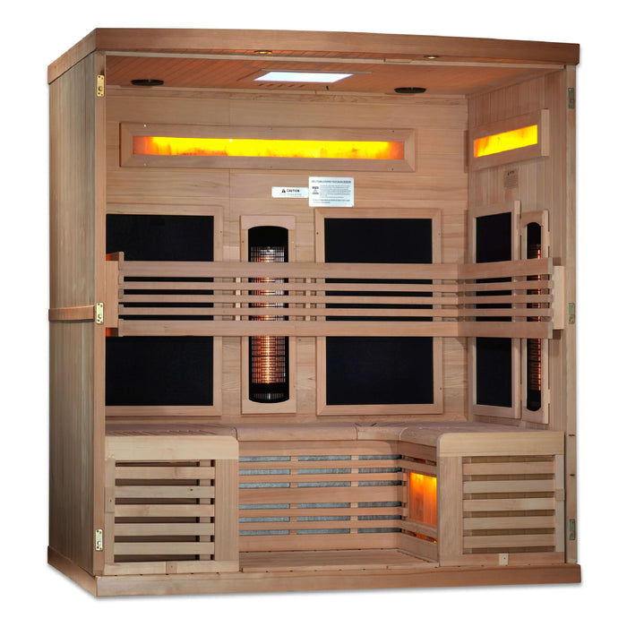 Golden Designs - Reserve 6-person Full Spectrum Infrared Sauna with Near Zero EMF with Himalayan Salt Bar in Canadian Hemlock - Inside View