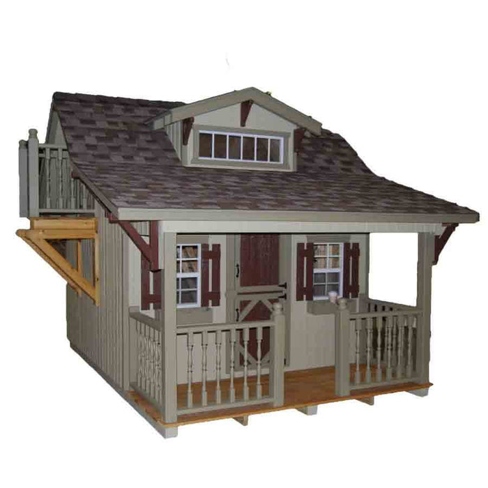 Little Cottage Co The Craftsman Children's playhouse kit resembling a small cottage with a slide, made from wood and ready for assembly.