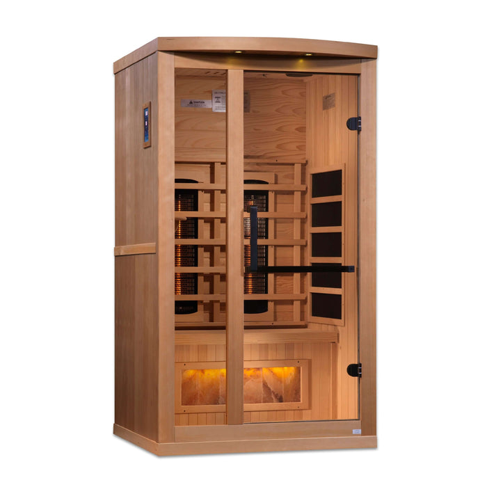 Golden Designs - Reserve Edition 1-person Full Spectrum Infrared Sauna with Near Zero EMF with Himalayan Salt Bar in Canadian Hemlock - Full View