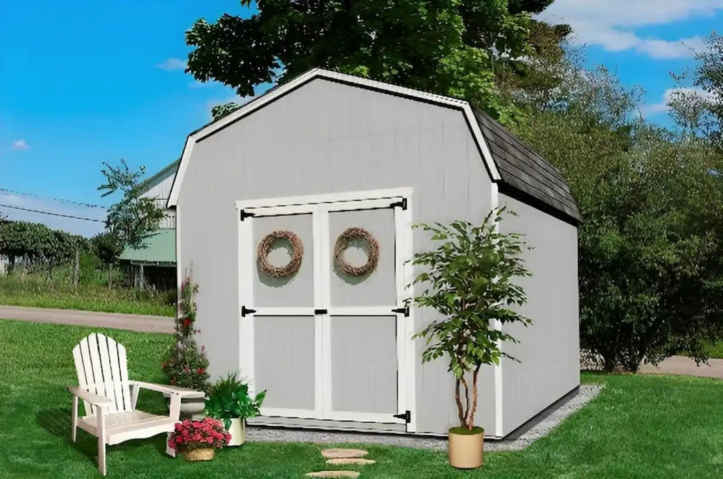Value Gambrel Barn with 6 Sidewall - in a Garden with plants and trees